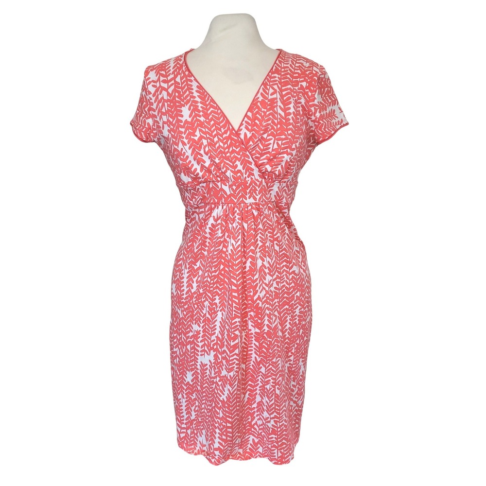 Boden Coral White Botanical Floral Faux Wrap Surplice V-Neck Beachy Dress 8